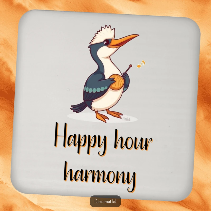 Funny Cormorant Coaster featuring a cormorant playing music on a seashell, offering surface protection with cheerful musical humor.