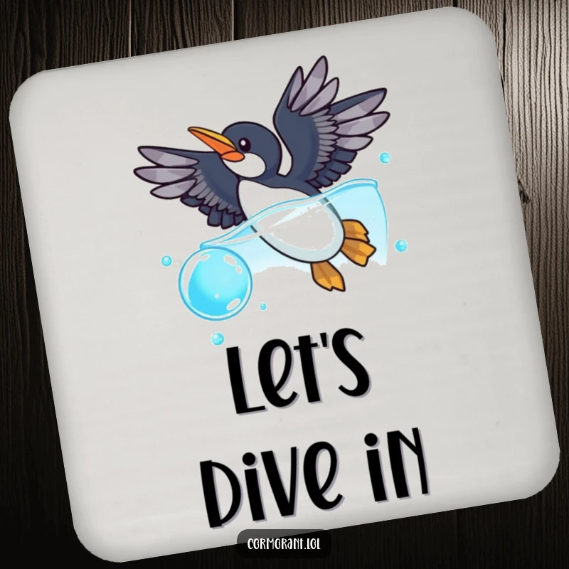 Funny cormorant drink coaster featuring a cormorant with wings spread wide, diving playfully into a sparkling blue bubble, perfect for tables.