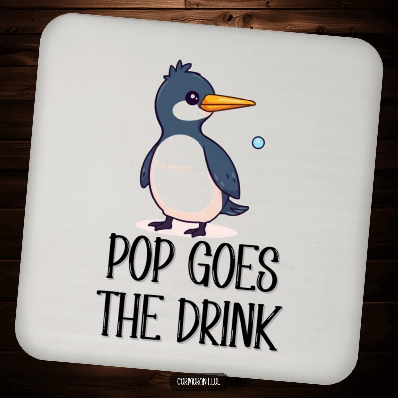 Funny Cormorant Coaster showcasing a whimsical bird with a small bubble trailing behind it, a fun way to protect surfaces.