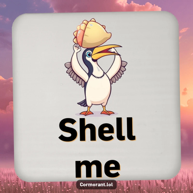 Funny cormorant coaster, proud bird holding a shiny, colorful shell, perfect for protecting tables with seaside humor.