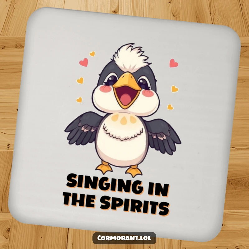 Funny Cormorant Coaster: A cheerful bird with an open beak, joyfully singing a happy tune, offering stylish protection with musical charm.