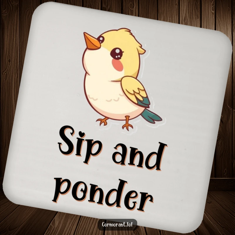 Funny Coasters: A bird looking up at the sky with a curious, happy expression, adding humor to drinks.