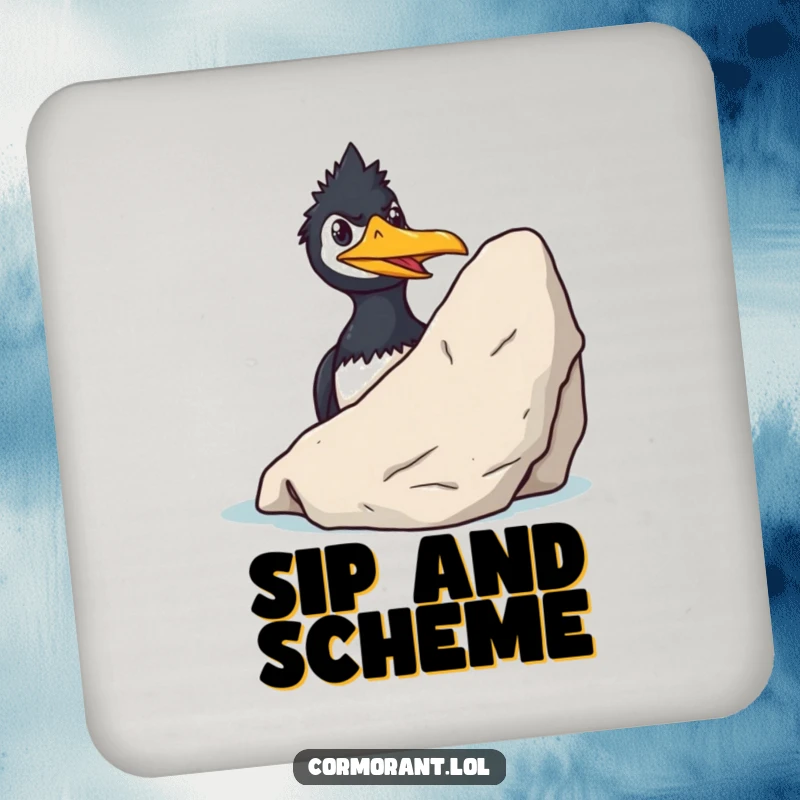 Funny Cormorant Coaster: A sly cormorant grins mischievously while peeking from behind a rock, protecting surfaces with a touch of humor.