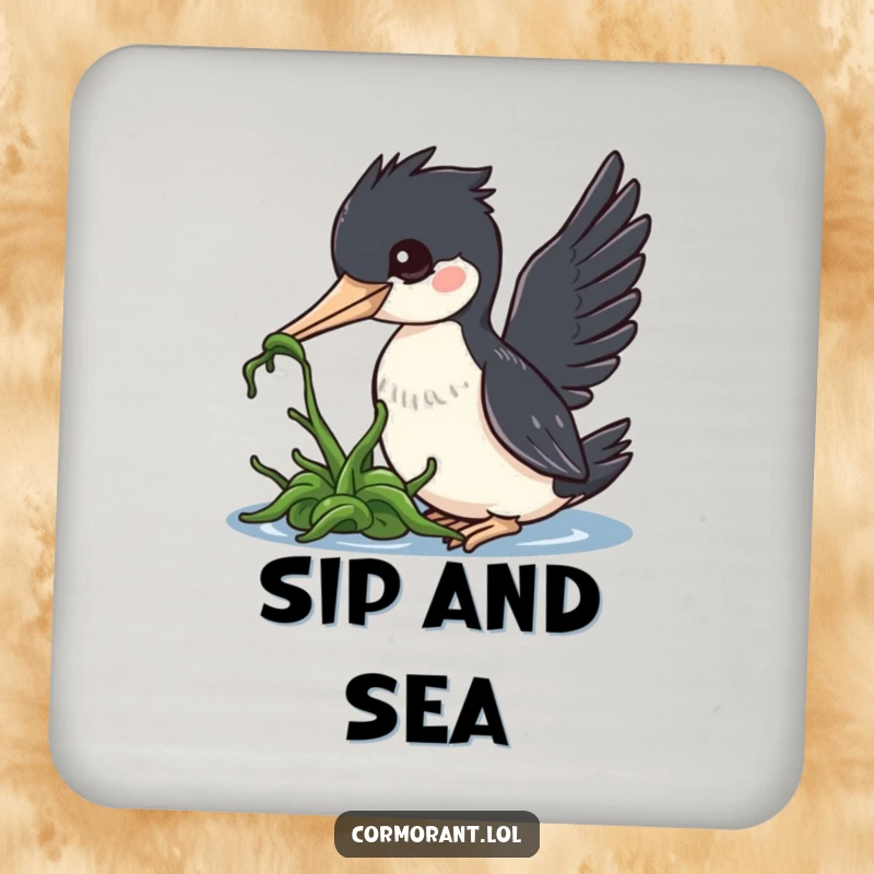 Funny cormorant drink coaster, a kawaii bird nudging seaweed, adding a whimsical touch to your tabletop.