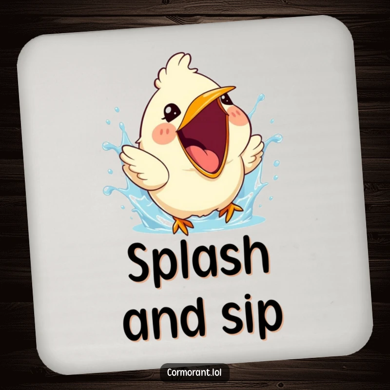 Funny coaster depicting a cute bird with its beak wide open, mid-splash, radiating happiness.