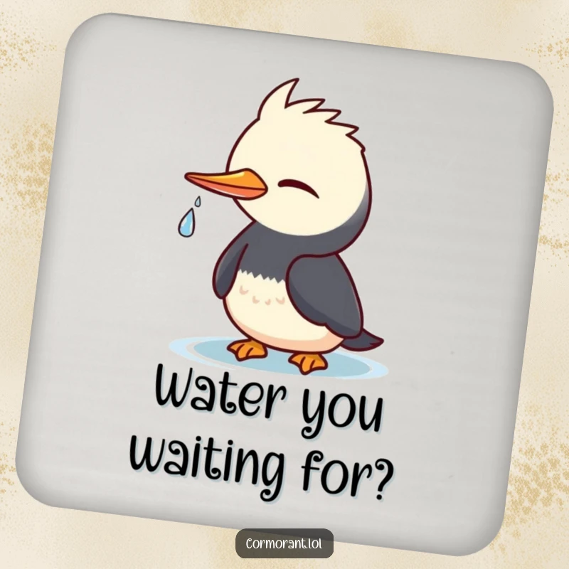 Funny Cormorant Coaster: Cute kawaii bird winking cheekily, a tiny water droplet, stylish funny gift.