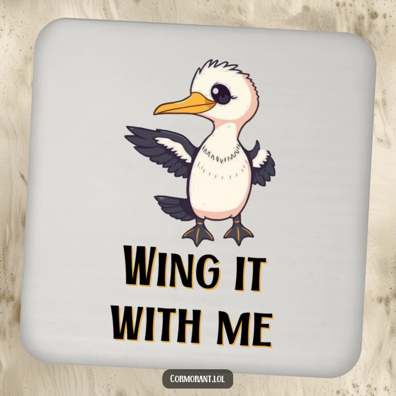 Funny Cormorant Coaster showcasing a friendly bird extending a wing towards the viewer, a stylish protective surface.
