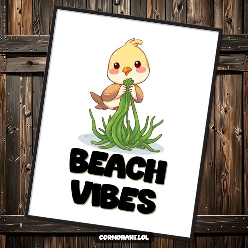 Funny Poster: A bird playfully tugging on a piece of seaweed, capturing a moment of coastal mischief.