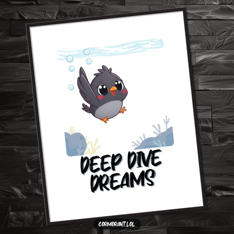 Funny poster of a small, dark bird with prominent, big eyes making a joyful, determined dive into the water.