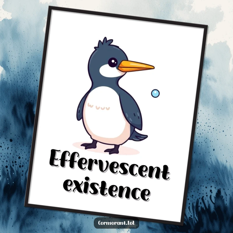 Funny Cormorant Poster featuring a whimsical bird with a small bubble trailing behind it, perfect for adding cheer.