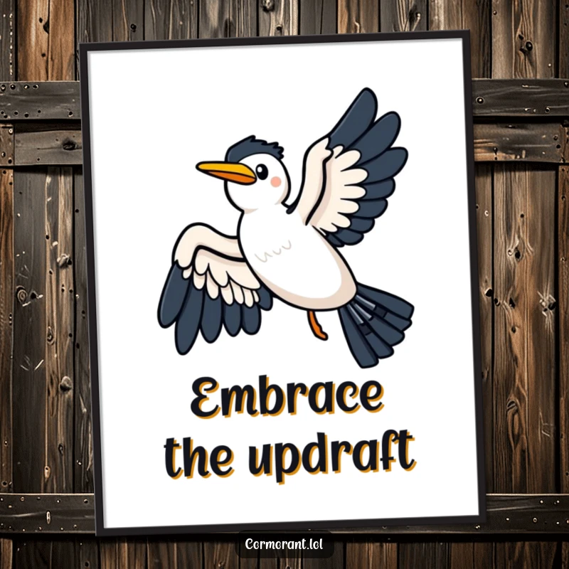 Funny poster of a kawaii cormorant with outstretched wings, gliding joyfully on a breeze, creating a peaceful ambiance.