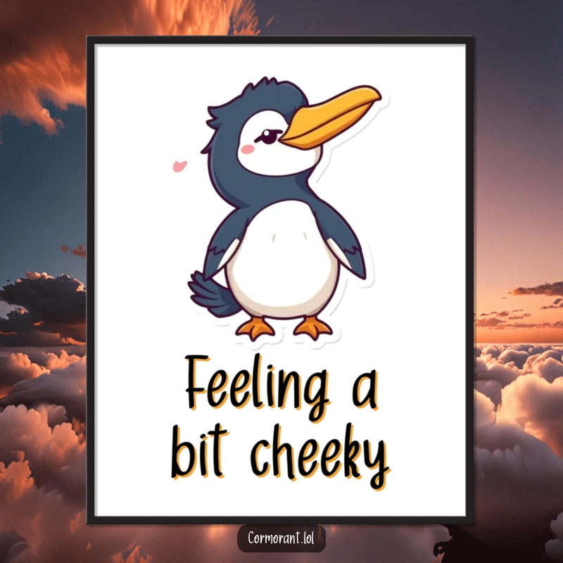 Funny Cormorant Poster: A stylish bird character delivering a playful wink and a flick of its tail, adding personality to any wall.