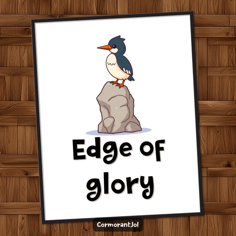 Funny Cormorant Poster: A kawaii cormorant bird displays impressive, yet precarious, balance on a single, wobbly rock.