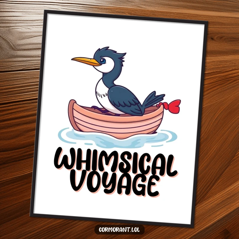 Funny Cormorant Poster depicting a cormorant enjoying a ride in a small, whimsical boat, bringing nautical humor and charm.