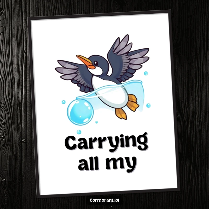 Funny cormorant poster showing a cormorant with wings spread wide, playfully diving into a sparkling blue bubble, creating whimsical aquatic wall decor.