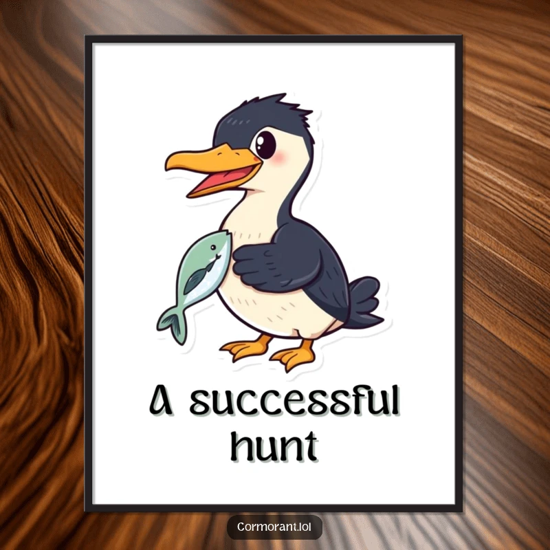 Funny cormorant poster art of a smiling bird proudly holding a shiny fish in its beak, celebrating a catch.
