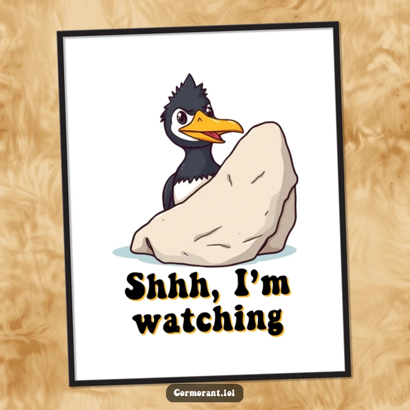 Funny Cormorant Poster: A sly cormorant with a mischievous grin peeks from behind a large rock, adding quirky humor to wall decor.