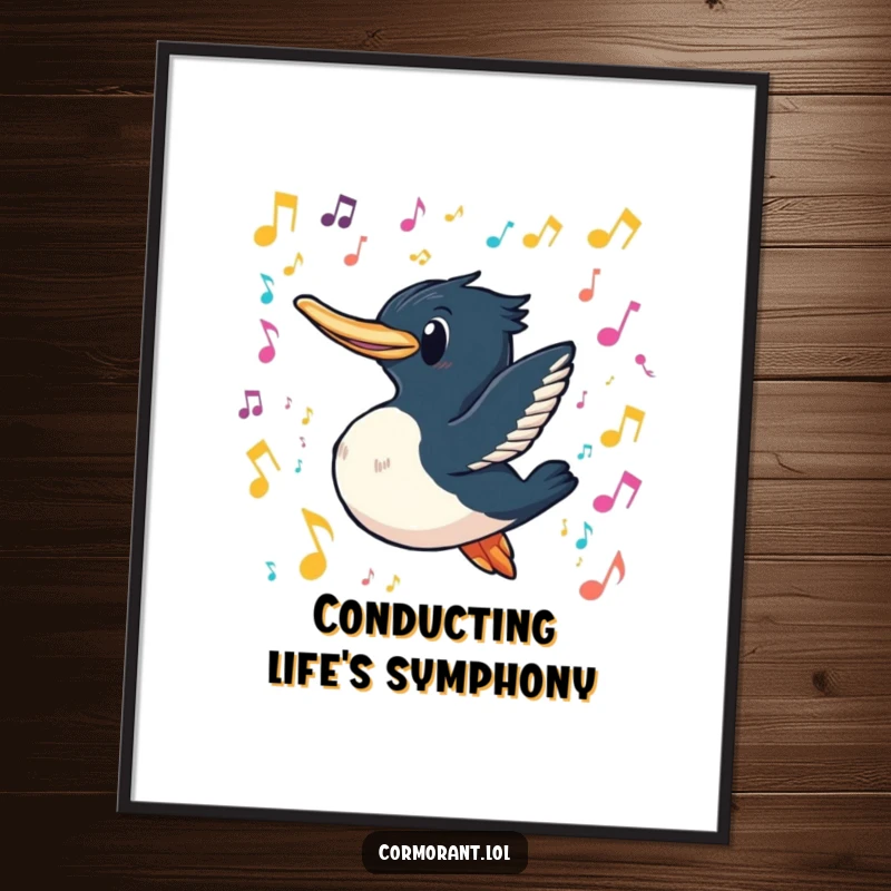 Funny cormorant poster showing a cormorant with a playful grin swimming through a cascade of colorful, floating musical notes, perfect for music-themed decor.
