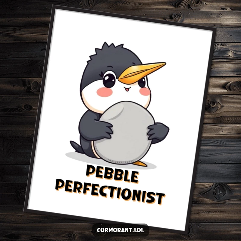 Funny Cormorant Poster: A humorous wall art print of a smiling cormorant presenting a smooth grey pebble, a symbol of thoughtful giving.