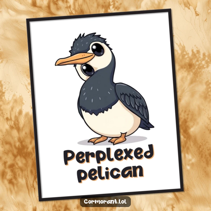 Funny cormorant poster showing a bird tilting its head curiously with large round eyes, perfect for thoughtful decor.