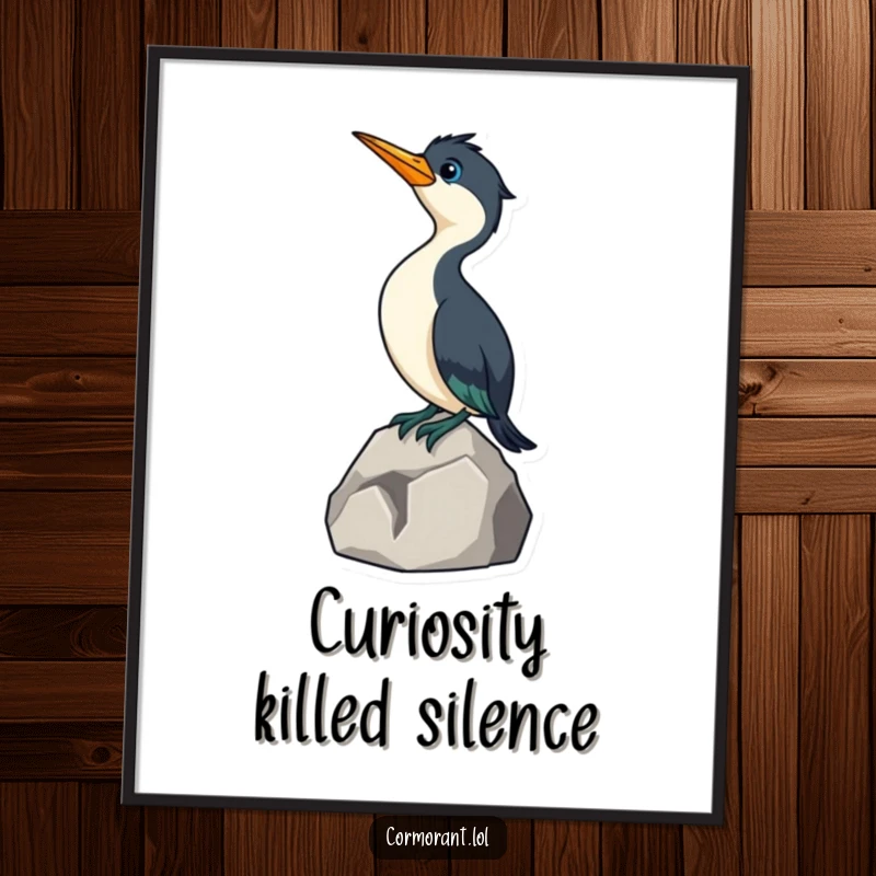 Funny Cormorant Poster: A humorous art print showing a little cormorant on a rock, stretching its neck out inquisitively.