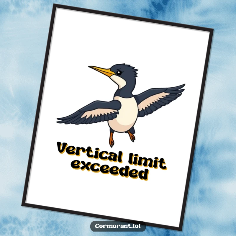 Funny Cormorant Poster displaying a sleek silhouette of a bird gliding smoothly through the air, perfect wall art.