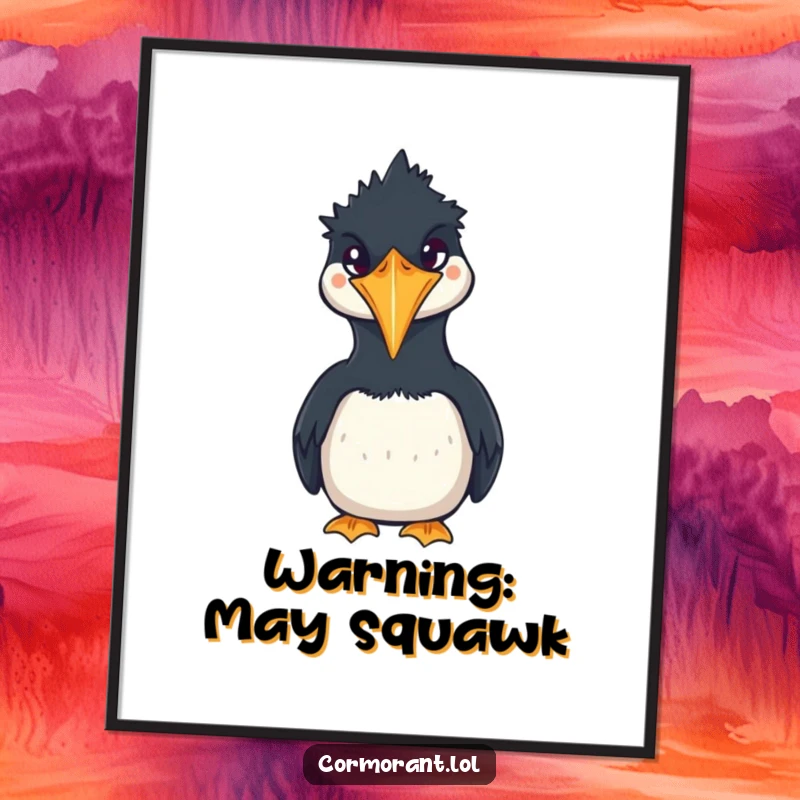 Funny Cormorant Poster showcasing a comical, squawking kawaii bird, ideal for adding humor and personality to any room's decor.