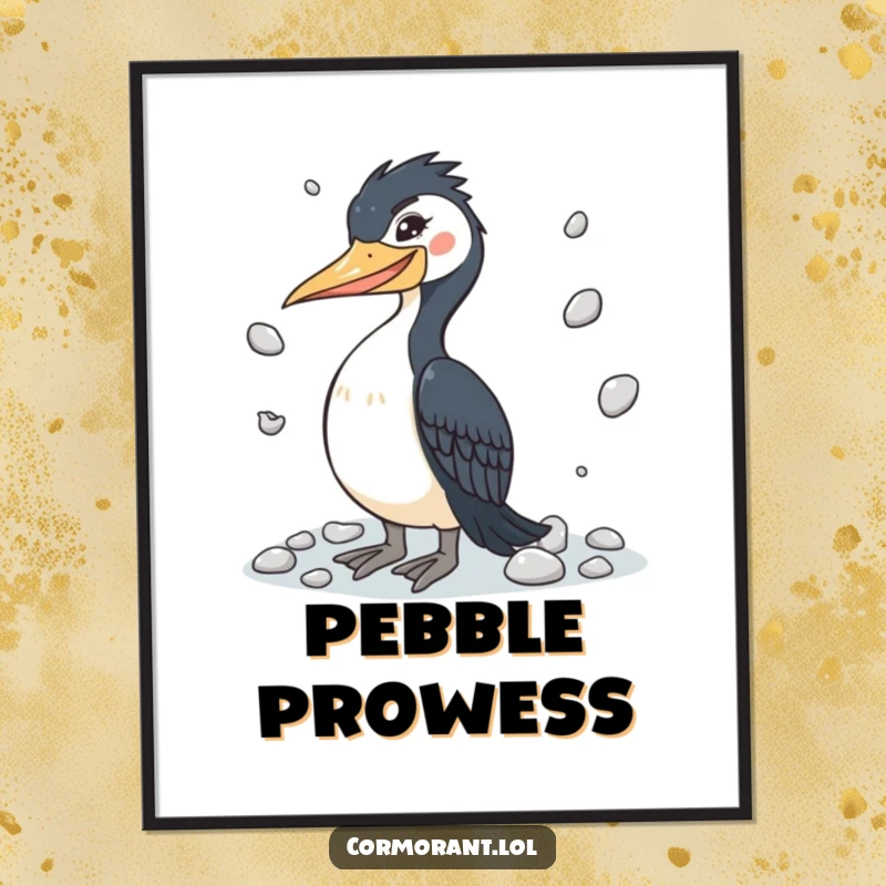 Funny cormorant poster showing a winking bird juggling shiny pebbles, perfect for adding playful wall art.