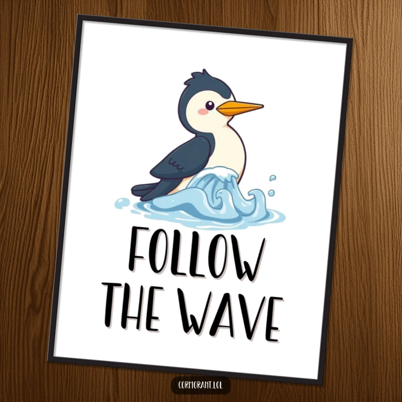 Funny Cormorant Poster showcasing a delightful kawaii bird playfully chasing a small wave, adding whimsical charm to any room.