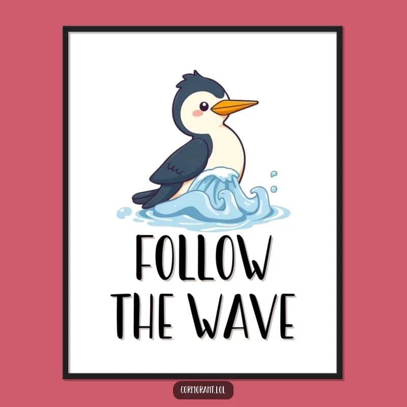 Funny Cormorant Wave Chase Poster: Whimsical Kawaii Bird Art, Perfect Humorous Gift!