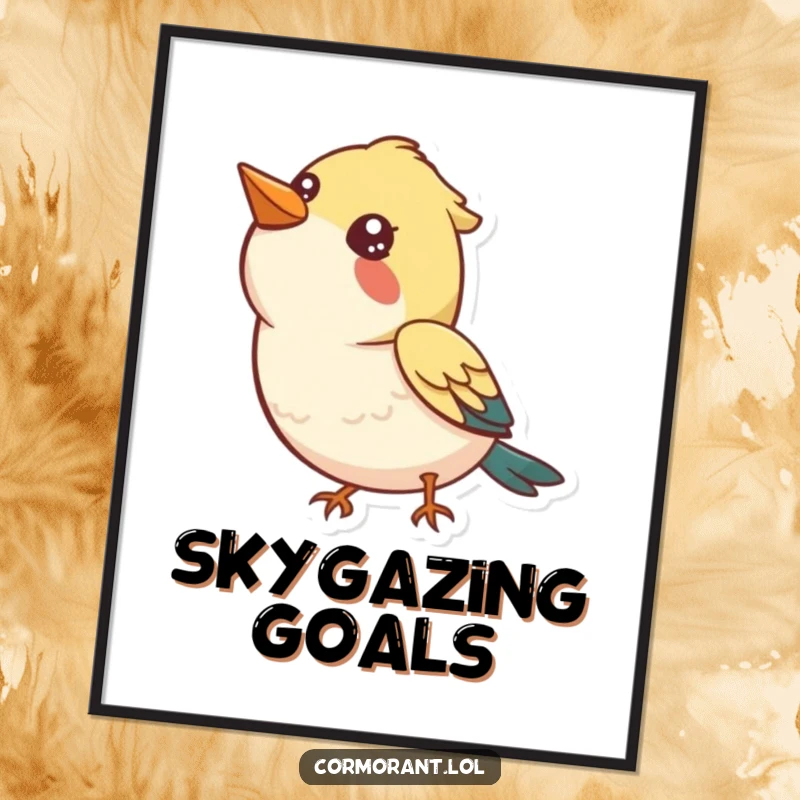 Funny Poster: A bird with a curious, happy expression gazing upwards at the sky, bringing joy to walls.