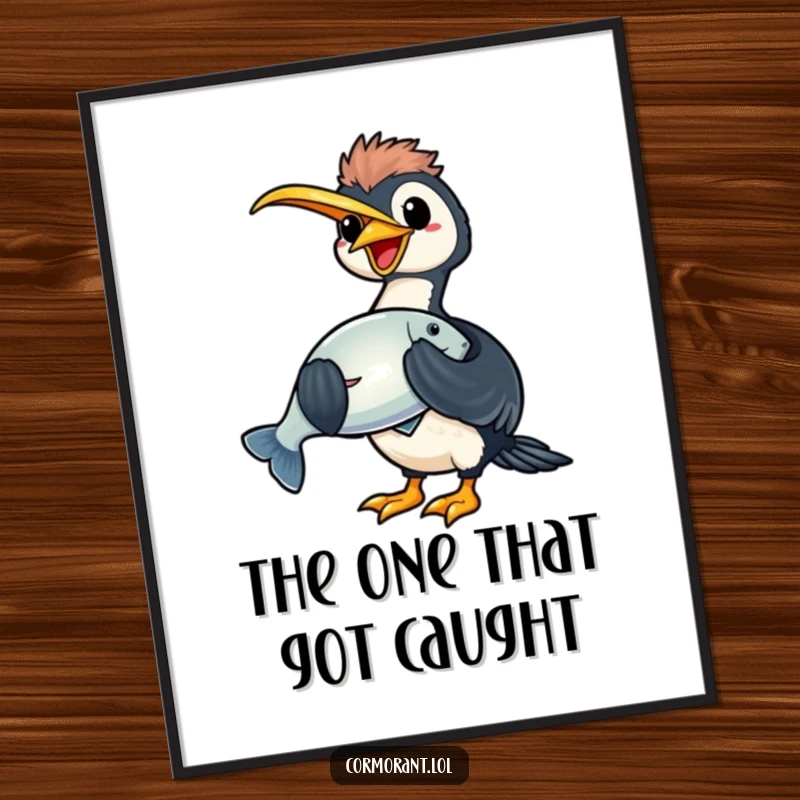 Funny kawaii cormorant poster showing a happy bird holding a large, shiny fish, perfect for fishing-themed decor.