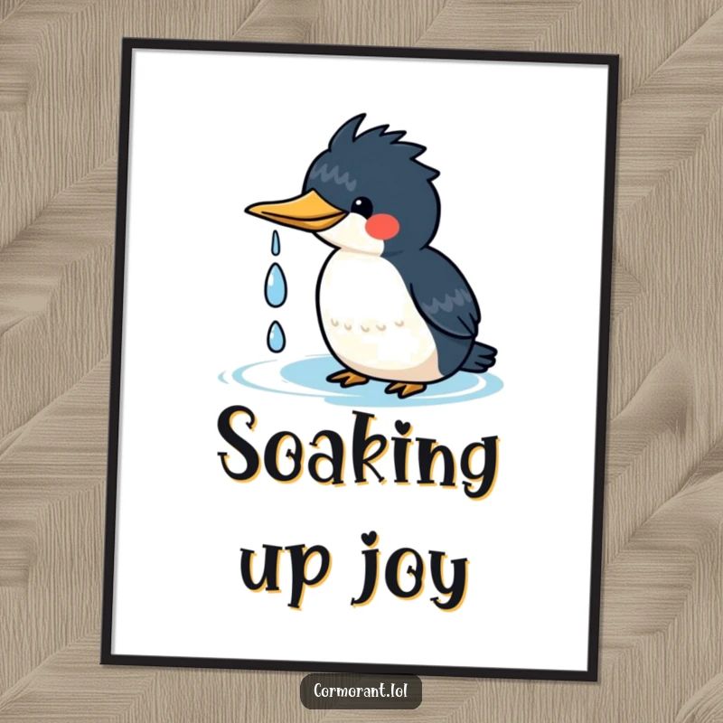 Funny kawaii cormorant poster art of a cute bird happily shaking water droplets off its head, bringing joyful vibes.