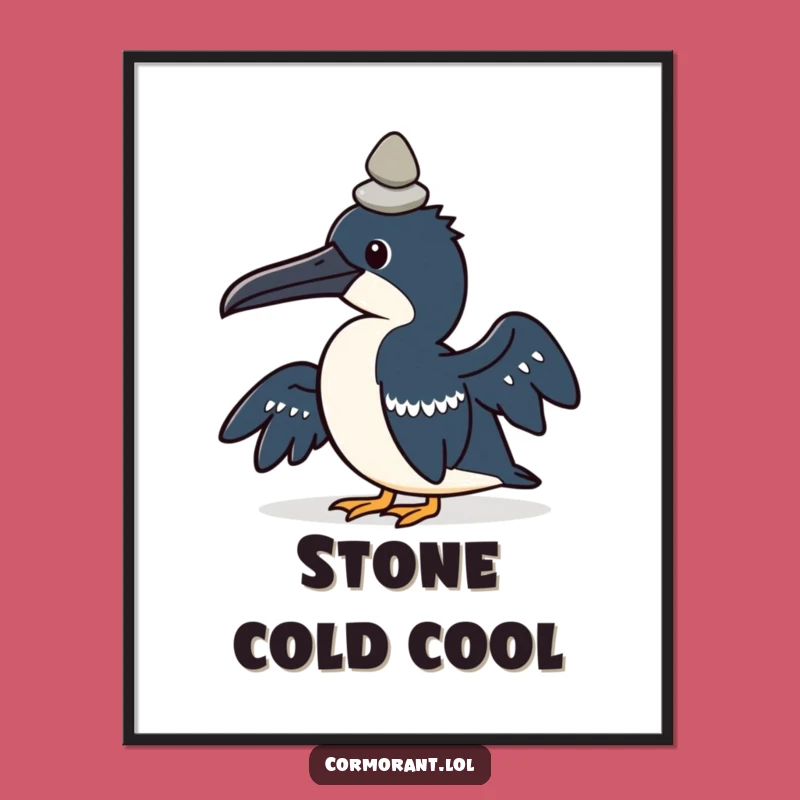 Funny Kawaii Cormorant Poster: Pebble Balance Art, Quirky Bird Decor Gift