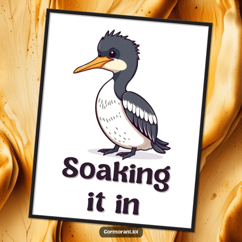 Funny Cormorant basking in the sun, drying its feathers on a poster, a tranquil piece of art for bird enthusiasts.