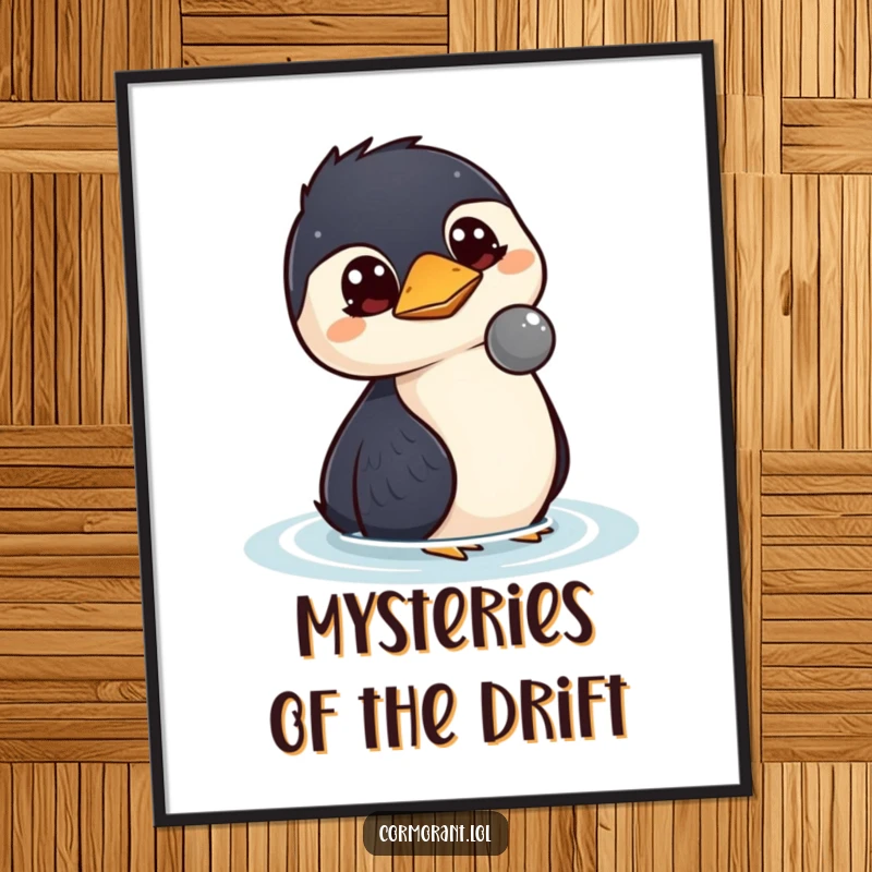 Funny kawaii cormorant poster showing a bird with wide, curious eyes observing a floating object, ideal for thoughtful decor.