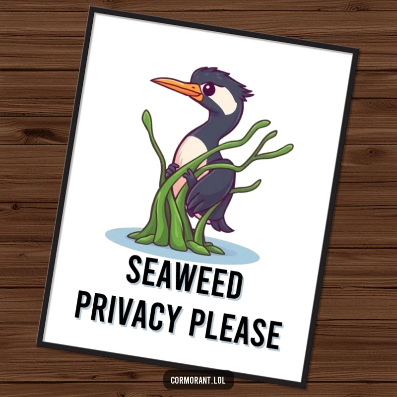 Funny Cormorant Poster: A shy bird character playfully peeking from behind a piece of floating seaweed, adding a whimsical touch to decor.