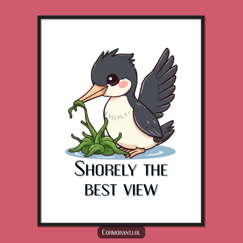 Funny Cormorant Poster: Kawaii Bird Nudging Seaweed Art, Whimsical & Humorous Wall Decor
