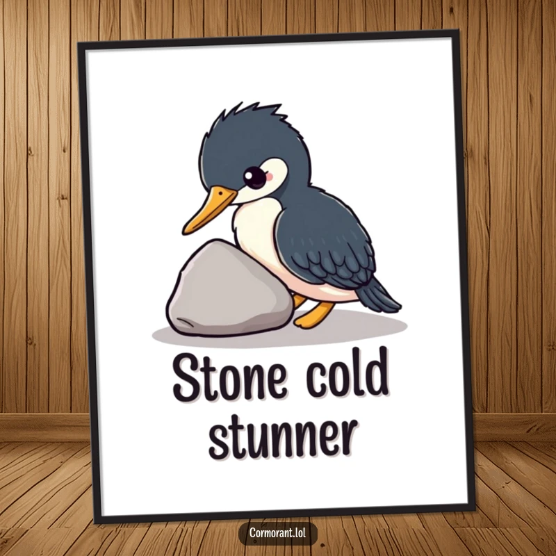 Funny kawaii cormorant playfully nudging a smooth stone, charming wall art print, cute bird illustration, perfect funny gift.