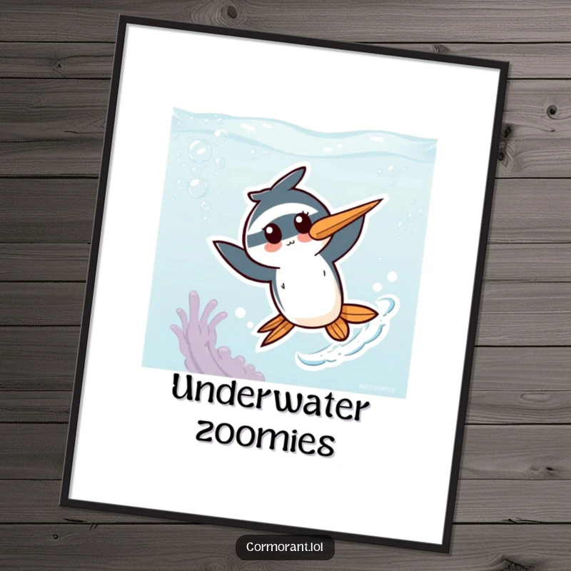 Funny Kawaii Cormorant Poster: A cute bird character shown energetically zipping through a whimsical, colorful underwater landscape, full of joy.
