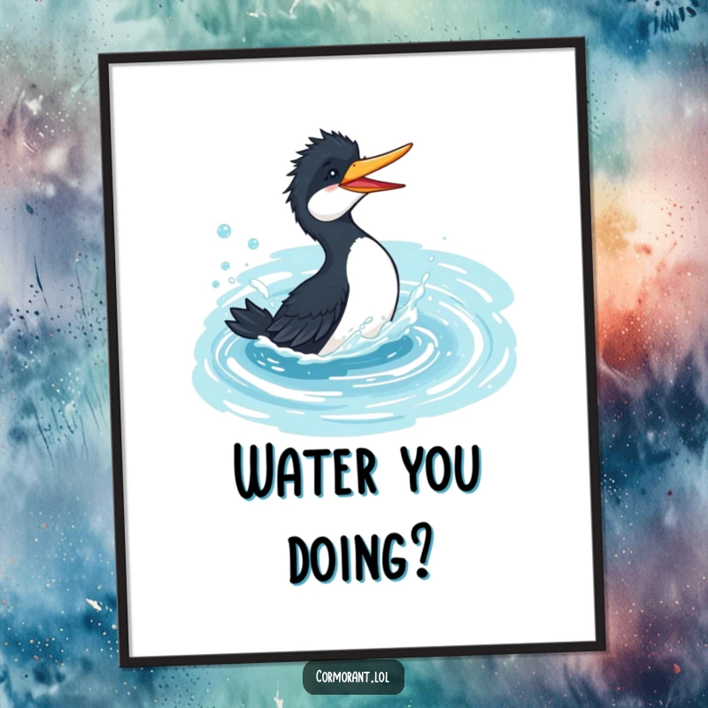 Funny cormorant poster, playful bird splashing gleefully in a bubbly, azure pond, conveying pure joy and water fun, wall art.