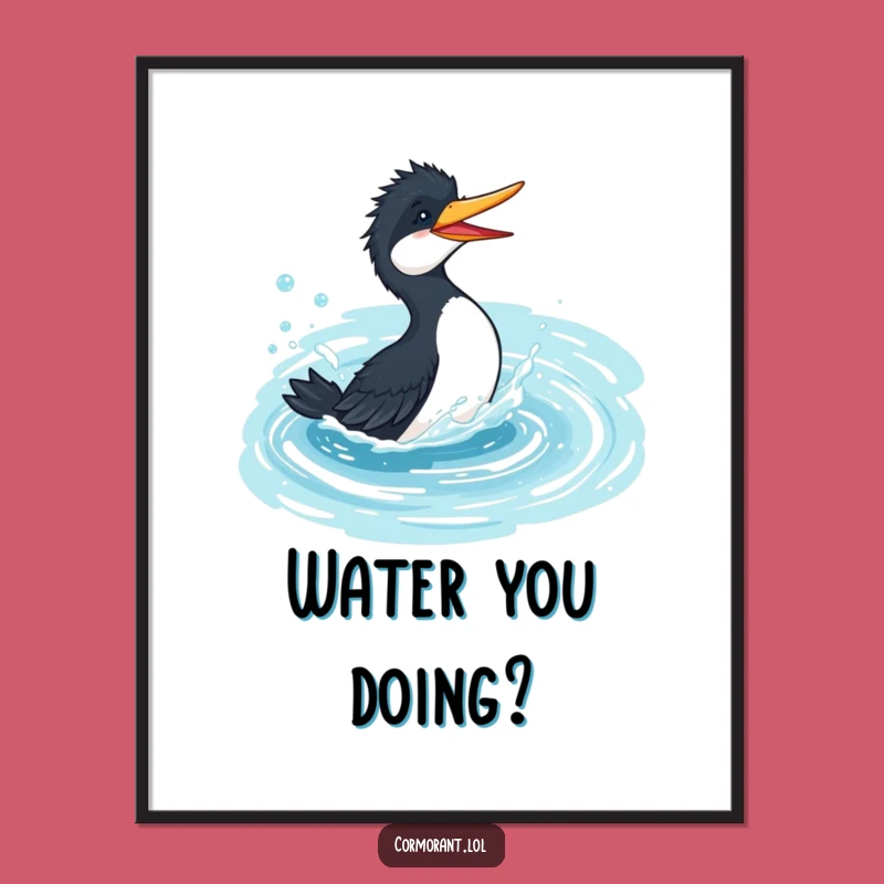 Funny Cormorant Pond Splash Poster - Joyful Bird Bathing Art Print