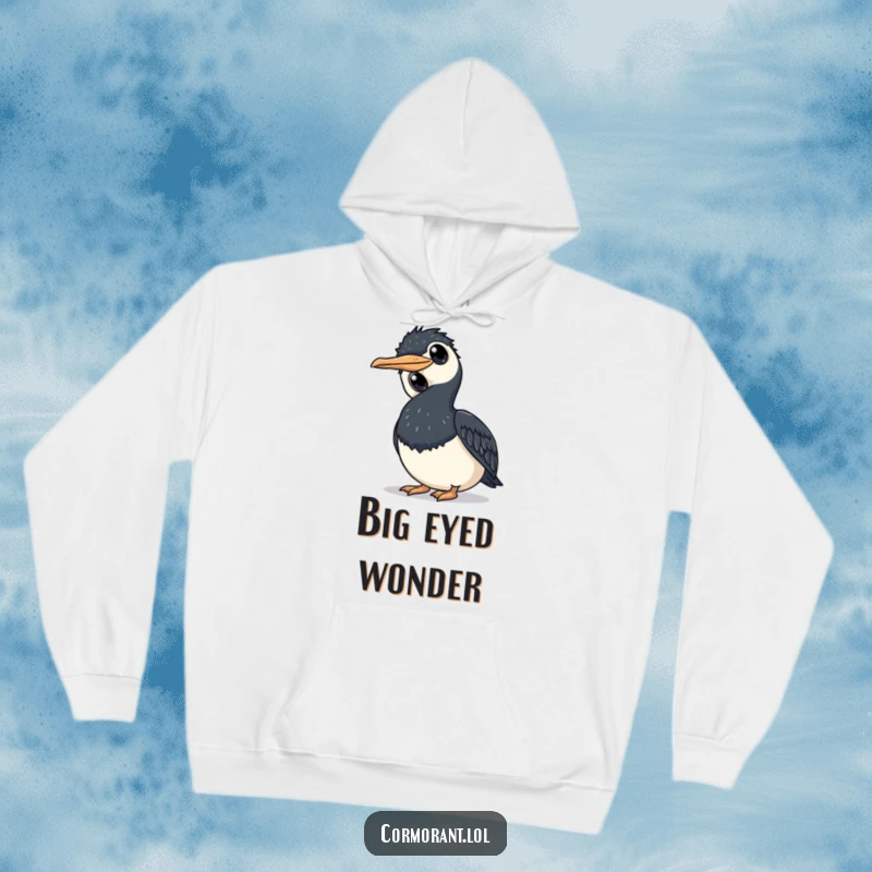 Funny cormorant hoodie showing a bird tilting its head with large eyes, embodying curiosity and comfort.