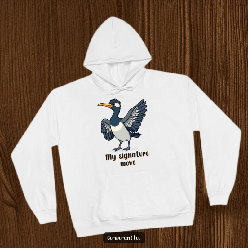 Funny cormorant hoodie, doing a little strut, wings spread, cozy and humorous, a delightful funny gift.