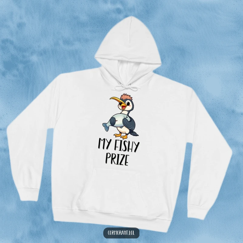 Funny kawaii cormorant hoodie featuring a happy bird proudly holding a large, shiny fish, ideal for warmth and humor.
