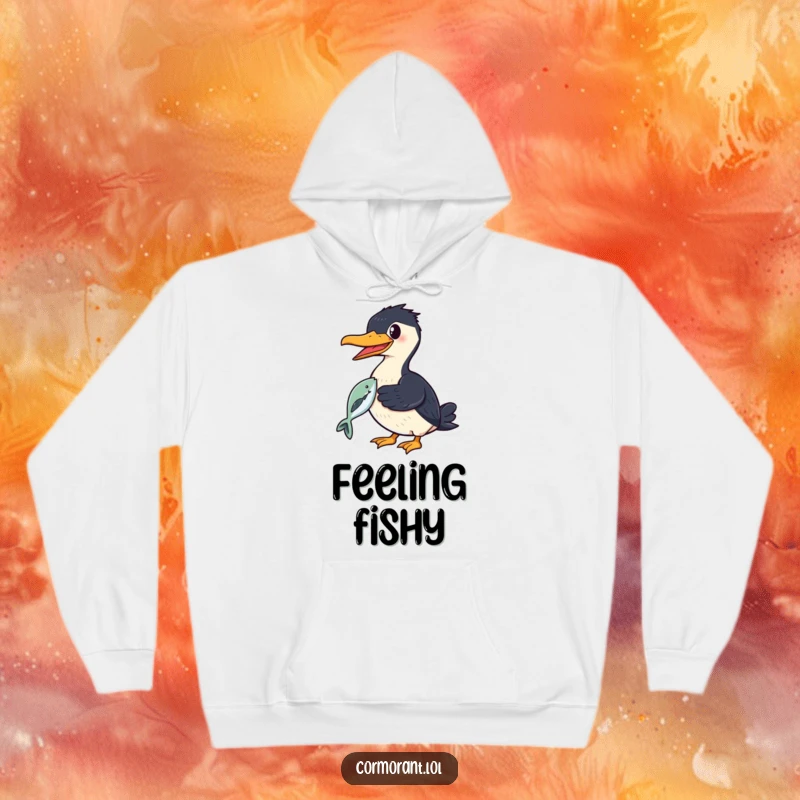 Funny cormorant hoodie showing a smiling bird proudly holding a shiny fish in its beak, perfect for cozy pride.