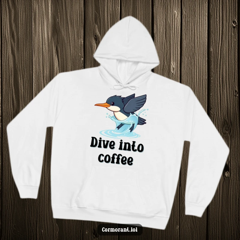 Funny Cormorant Hoodie: A kawaii cormorant bird dives gracefully into sparkling blue water, captured mid-splash.