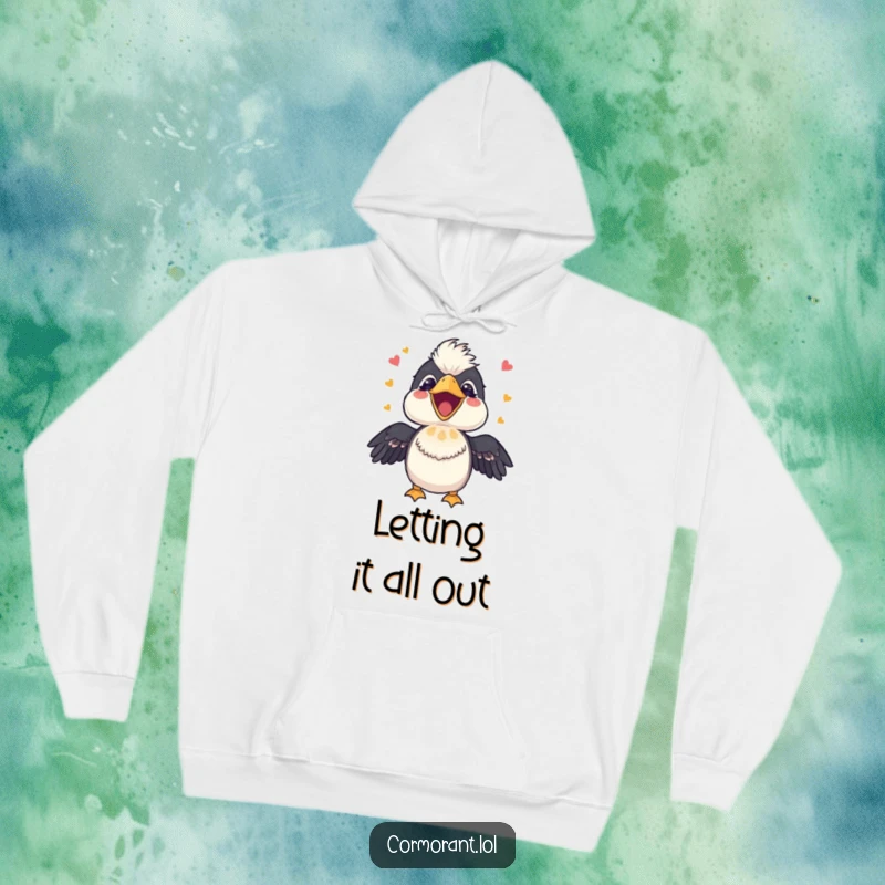 Funny Cormorant Hoodie: A joyful bird with its beak open, singing a happy song, designed for comfort and cheerful expression.