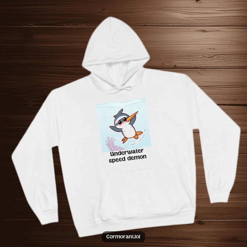 Funny Kawaii Cormorant Hoodie: A cute bird character zipping rapidly through a stylized underwater environment, radiating energy and charm.