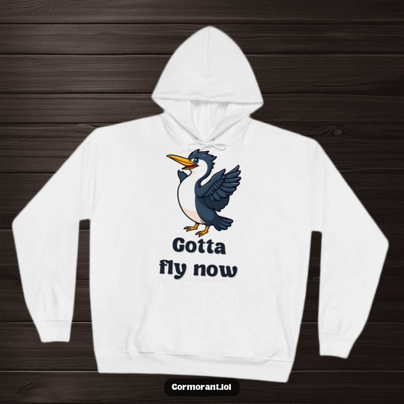 Funny Cormorant with powerful wing beats on a cozy hoodie, preparing for flight with energetic determination.